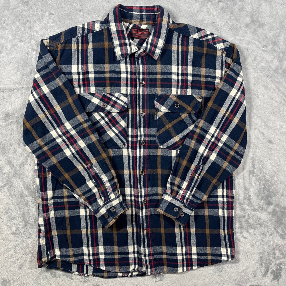 FiveBrother Mens XL Plaid Heavyweight‎ Flannel Button up Shirt Navy Blue White